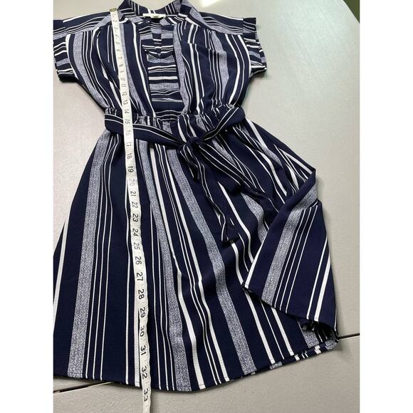 Monteau Belt A-Line Dress Striped Short Coastal Nautical Country Club Blue S - Picture 12 of 12